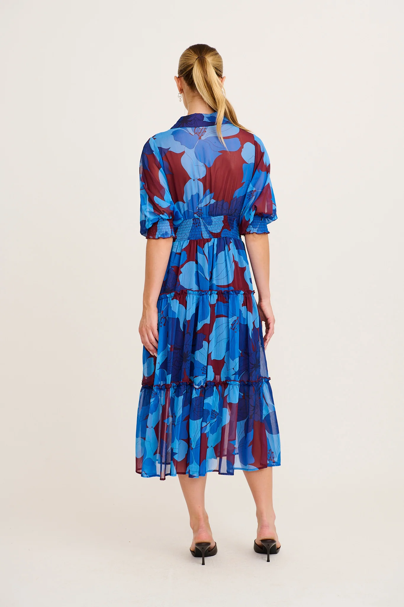 Brittney Midi Dress In Burgundy and Blue Floral Chiffon - Image 4