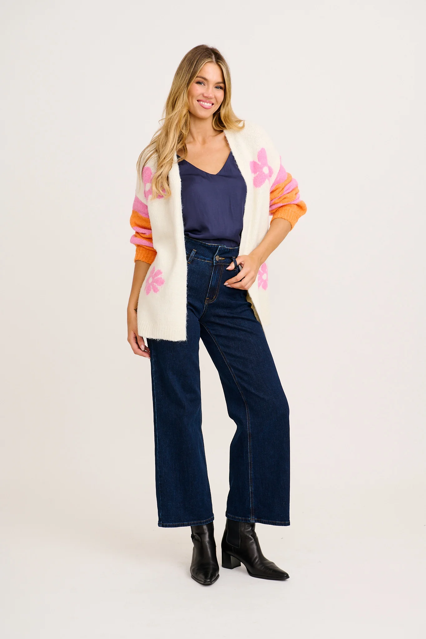 Captivate Knit Cardigan in Cream with Pink Floral Wool Blend - Image 4