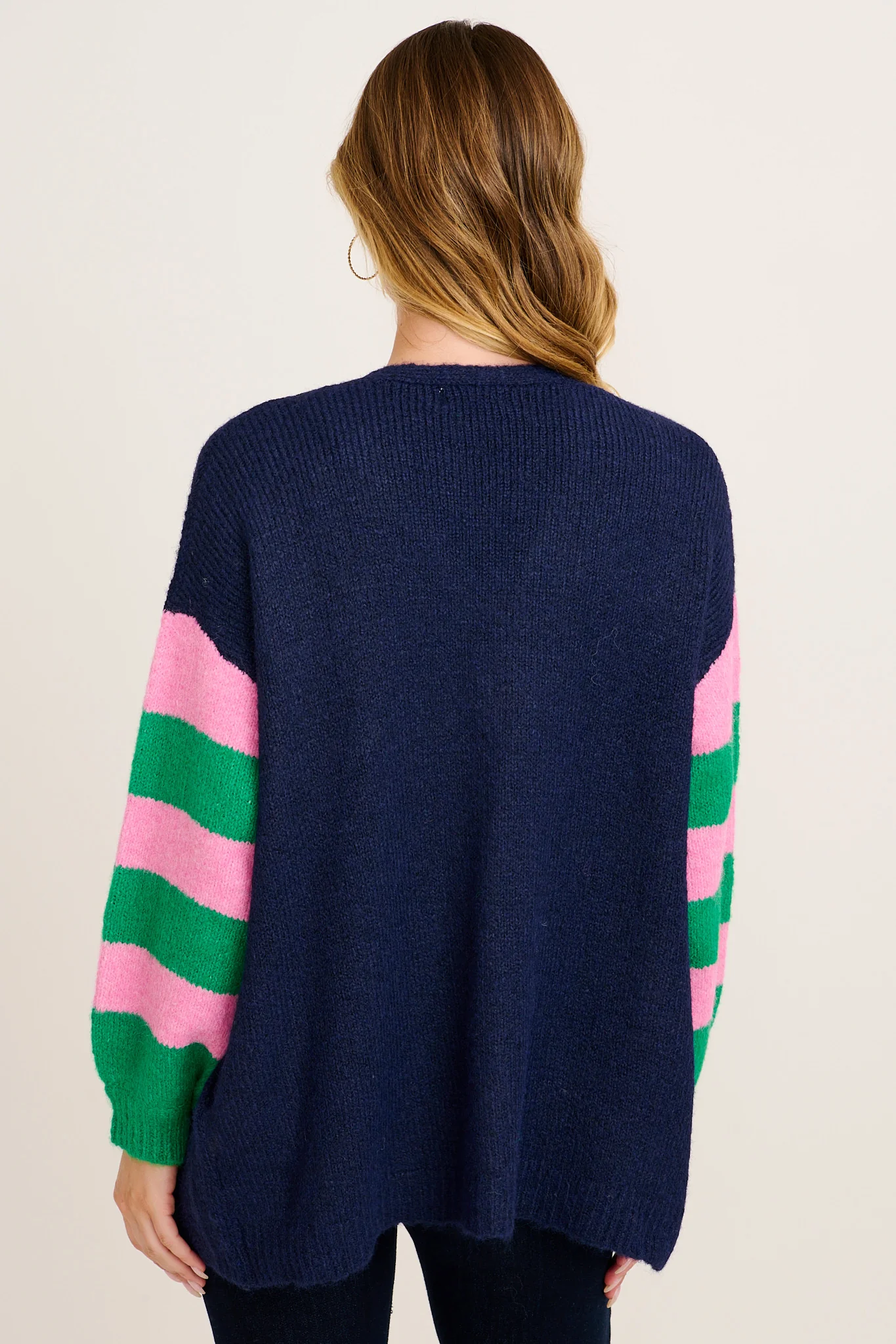 Captivate Knit Cardigan in Navy with Pink Floral Wool Blend - Image 3