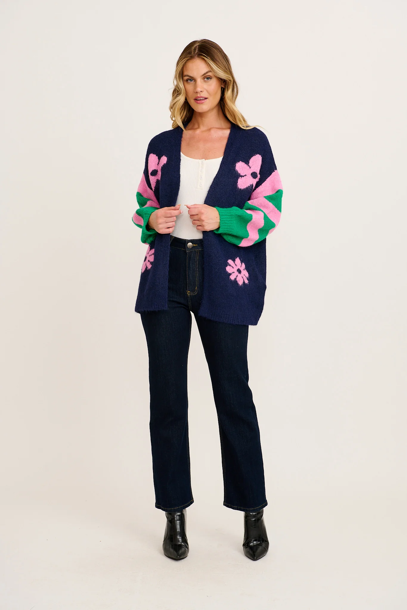 Captivate Knit Cardigan in Navy with Pink Floral Wool Blend - Image 4