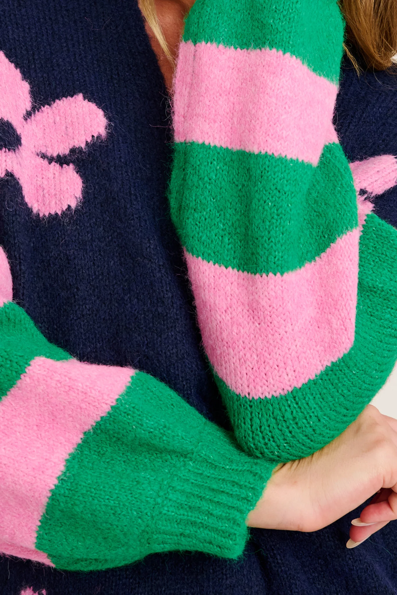 Captivate Knit Cardigan in Navy with Pink Floral Wool Blend - Image 5
