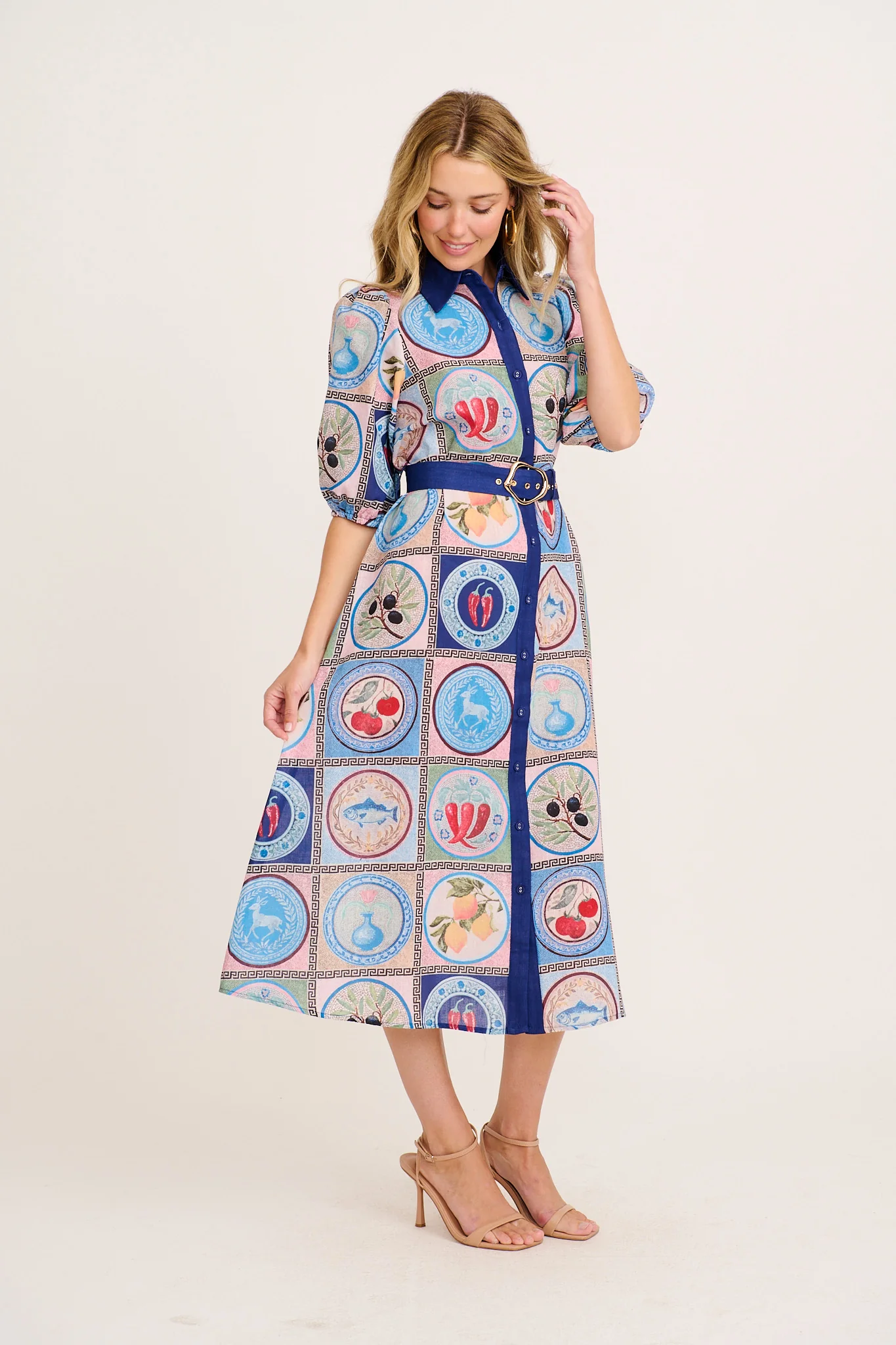 Elari Midi Shirt Dress in Blue Multi Tile Linen Blend - Image 3
