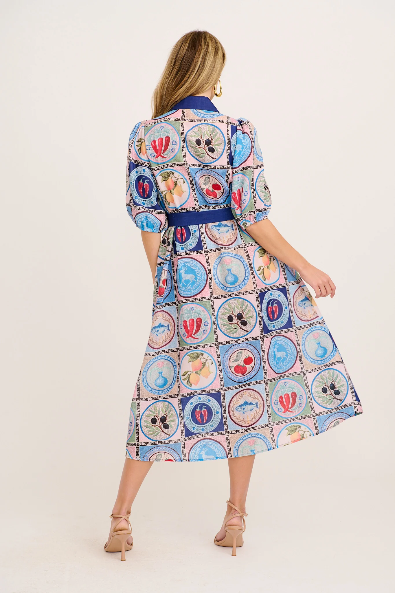 Elari Midi Shirt Dress in Blue Multi Tile Linen Blend - Image 4