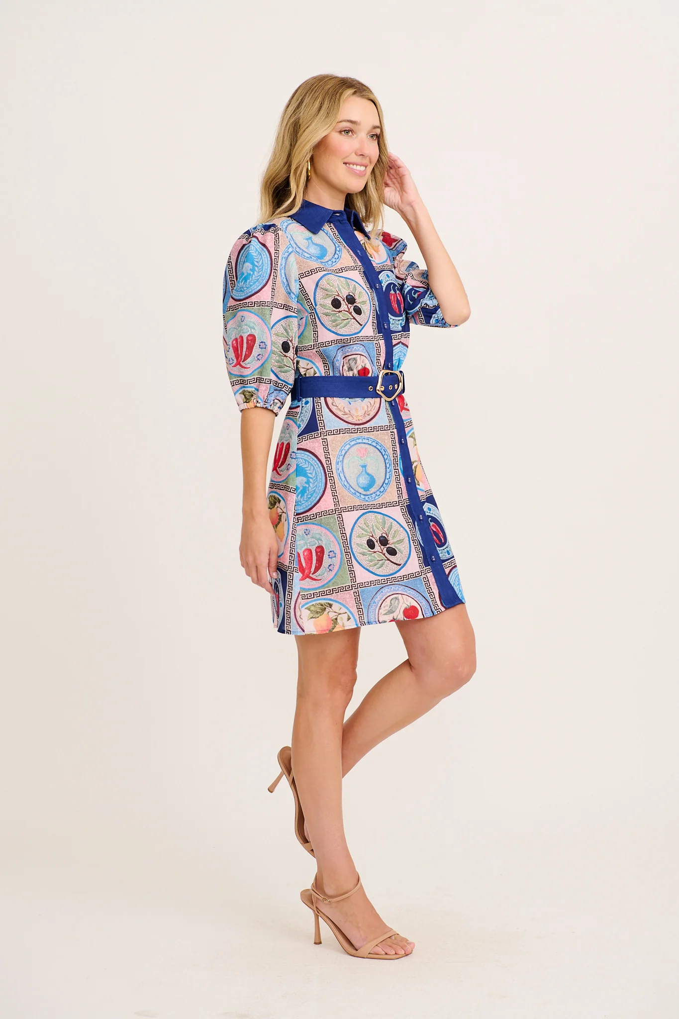 Esenia Shirt Dress in Blue Multi Tile Linen Blend - Image 3