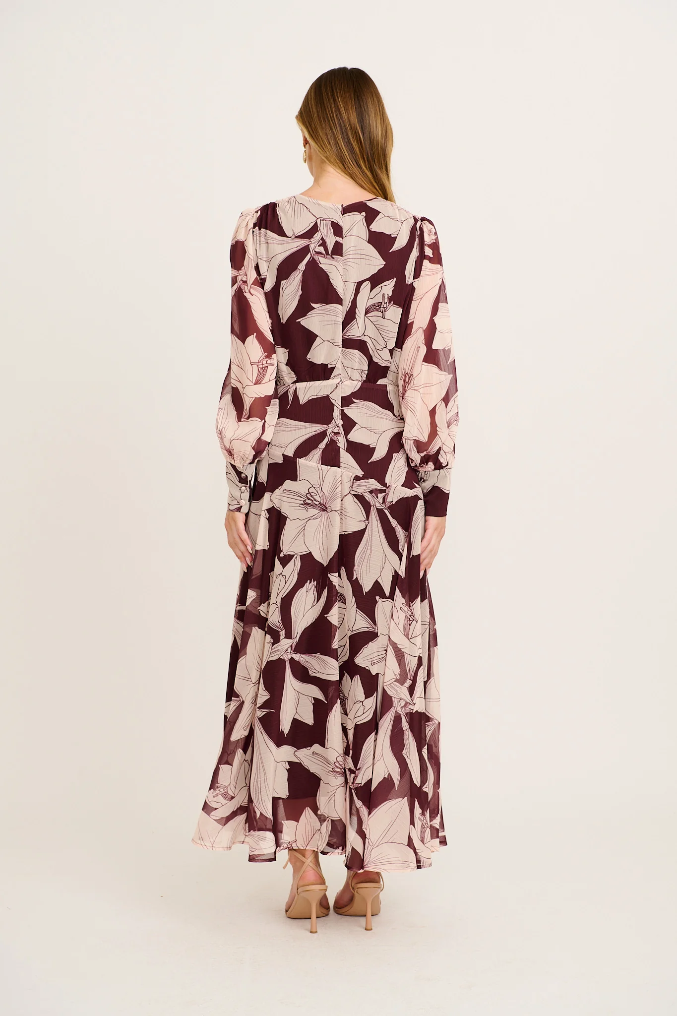Martina Maxi Dress in Burgundy and Cream Floral Chiffon - Image 4