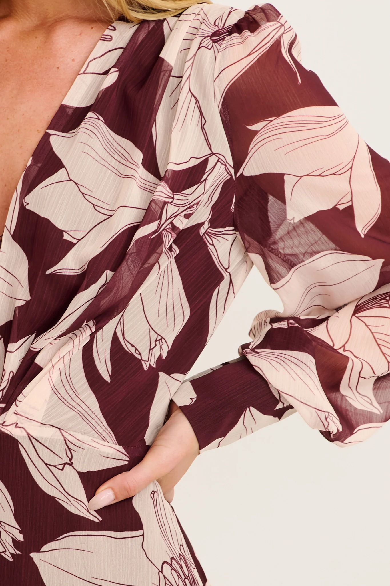 Martina Maxi Dress in Burgundy and Cream Floral Chiffon - Image 5