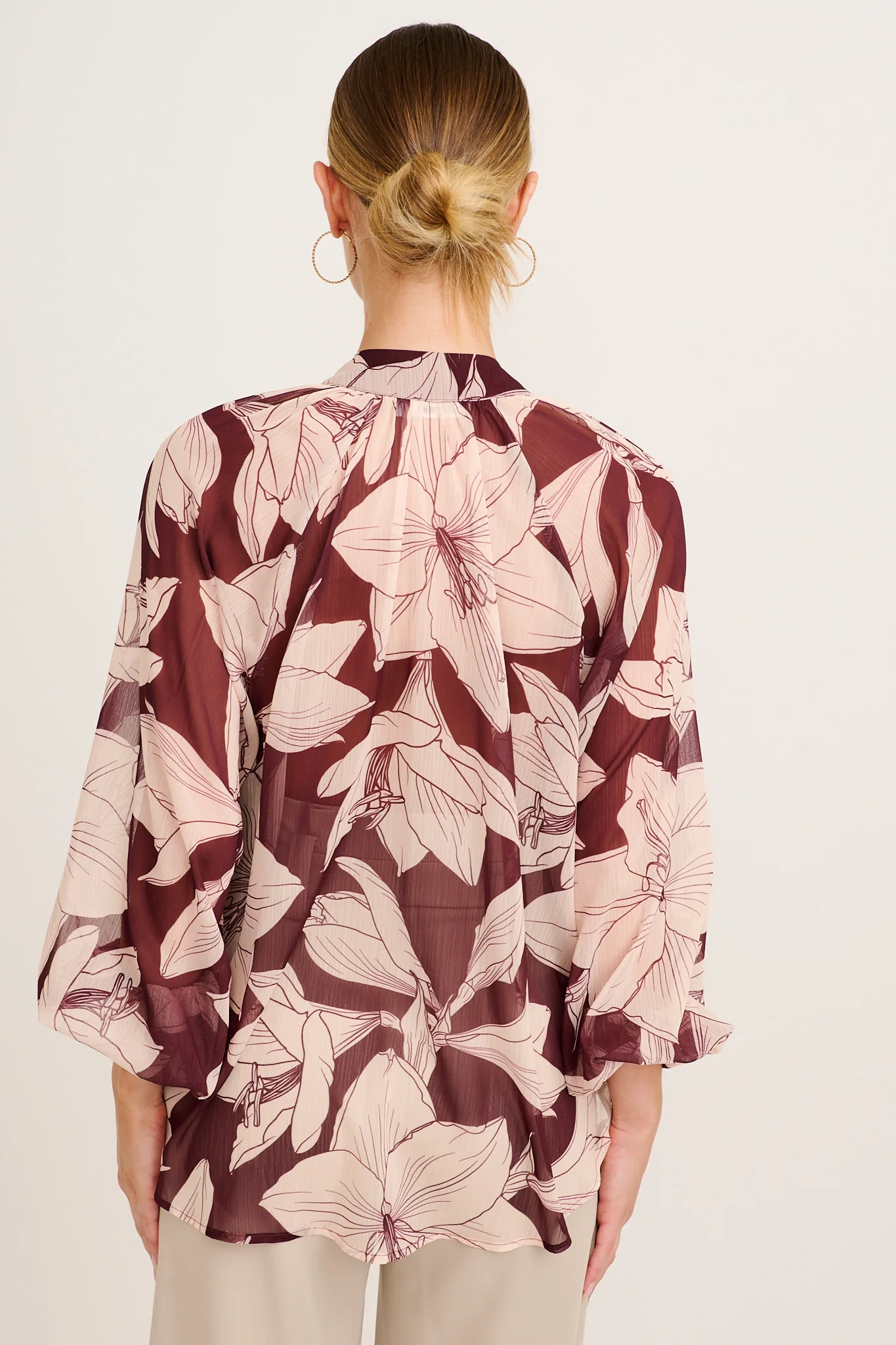 Melina Top in Burgundy and Cream Floral Chiffon - Image 3