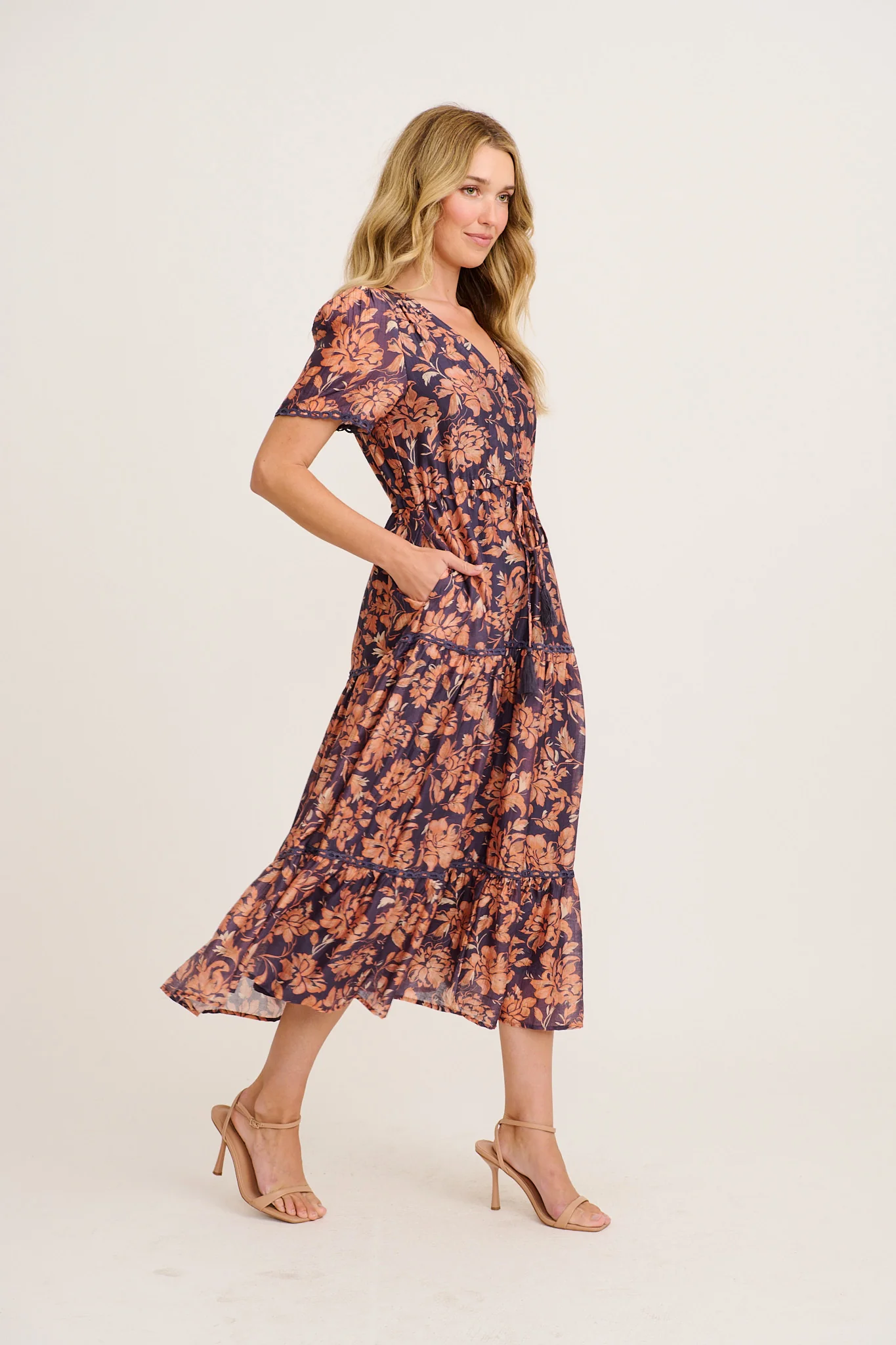 Posy Midi Dress in Navy with Rust Floral - Image 3