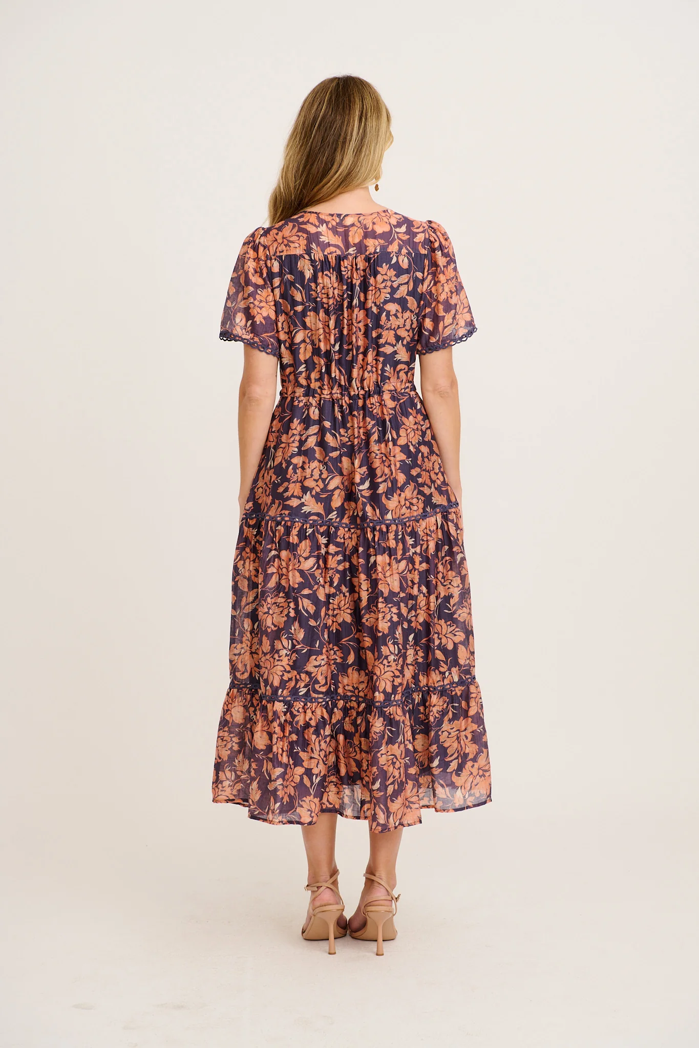 Posy Midi Dress in Navy with Rust Floral - Image 4