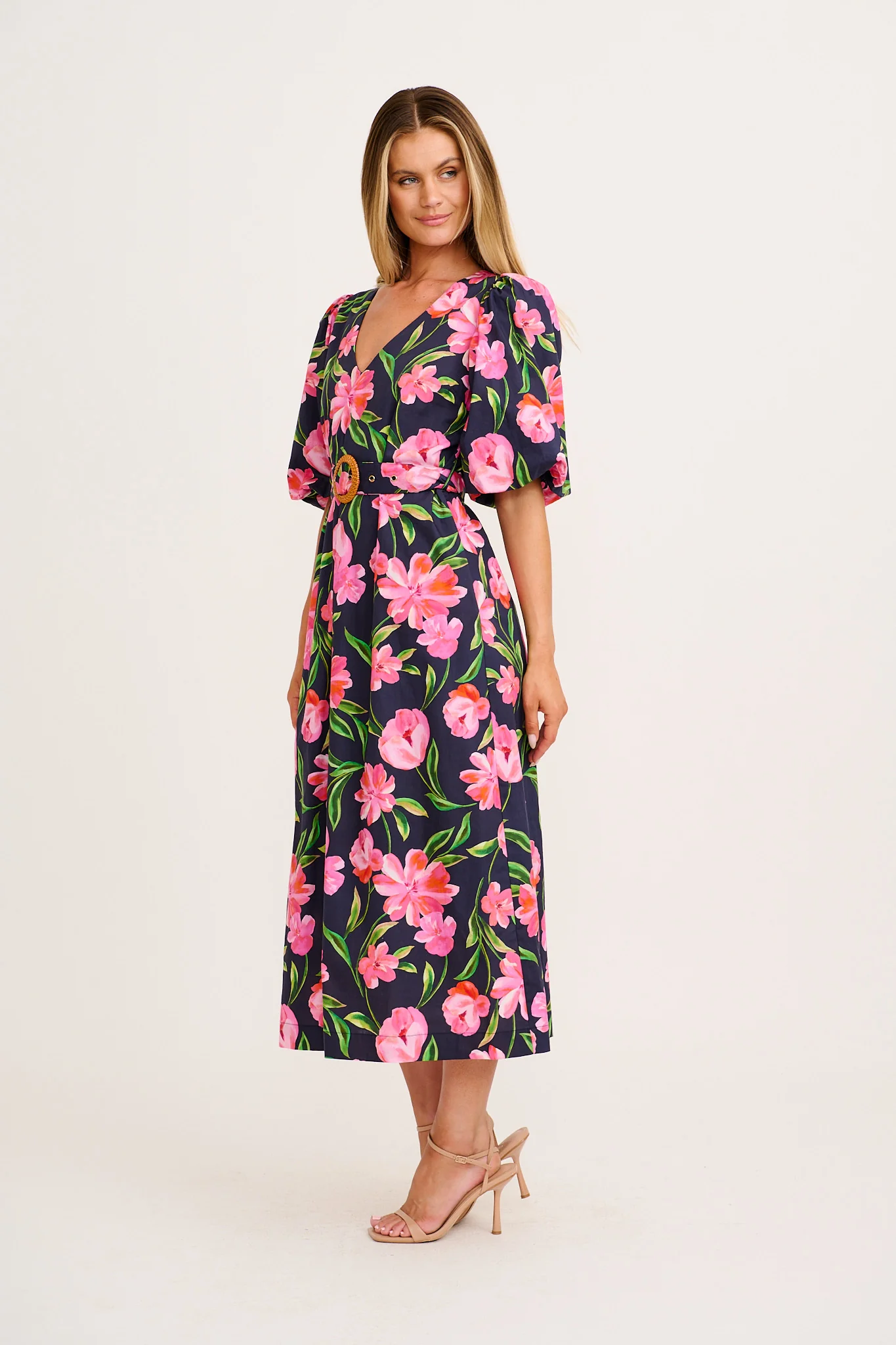 Rhaya Maxi Dress in Navy With Pink Floral Cotton - Image 3