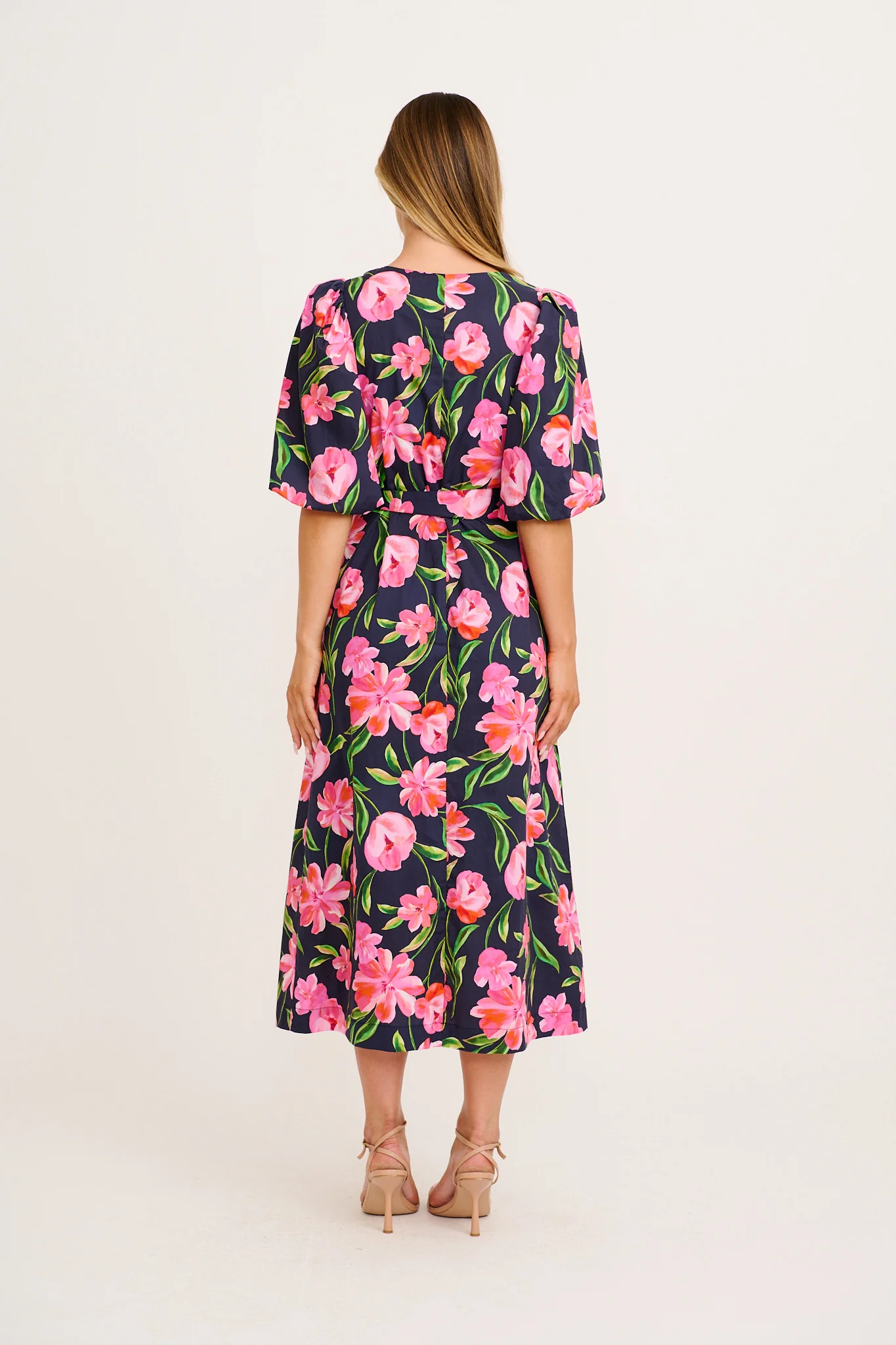 Rhaya Maxi Dress in Navy With Pink Floral Cotton - Image 4