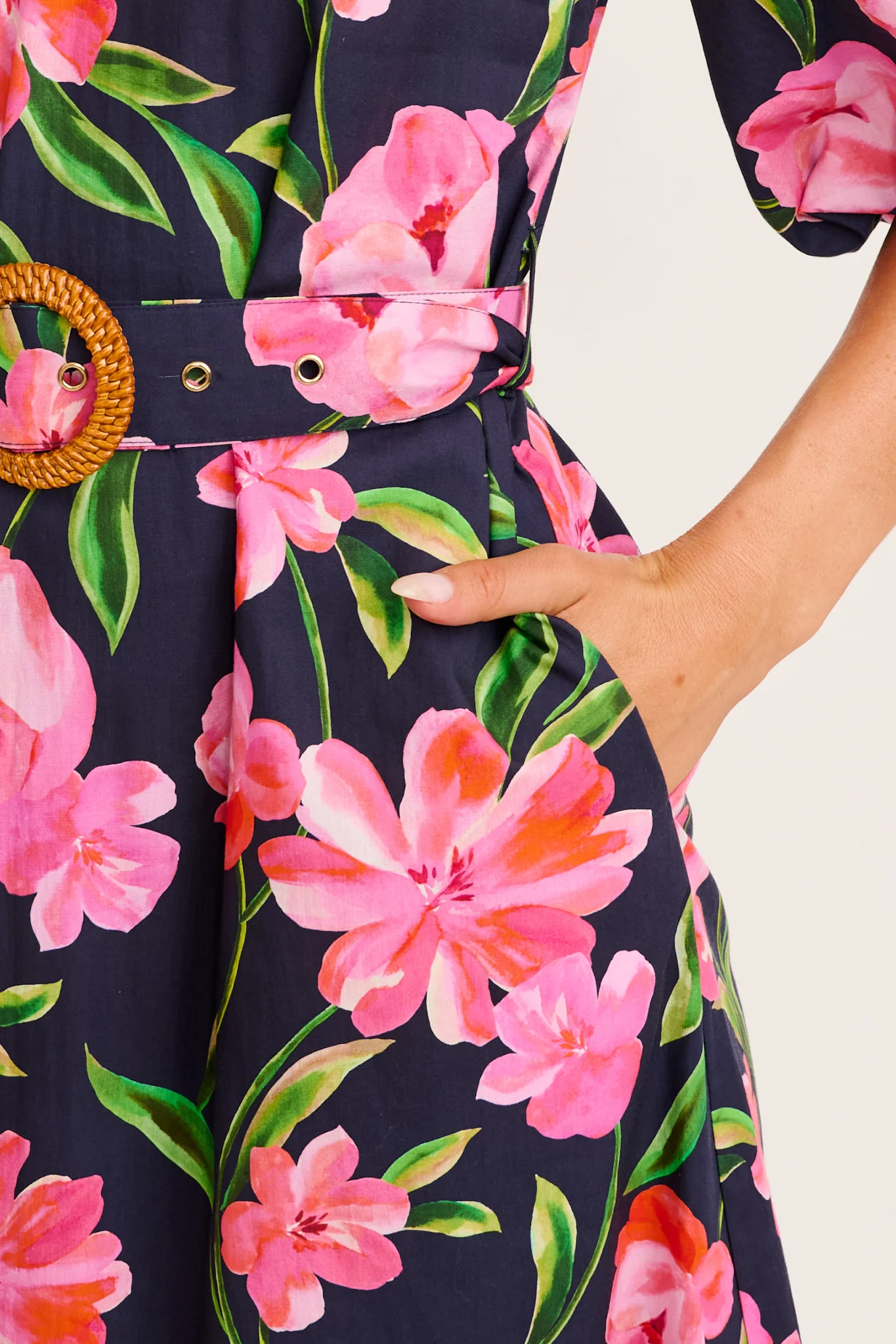 Rhaya Maxi Dress in Navy With Pink Floral Cotton - Image 5