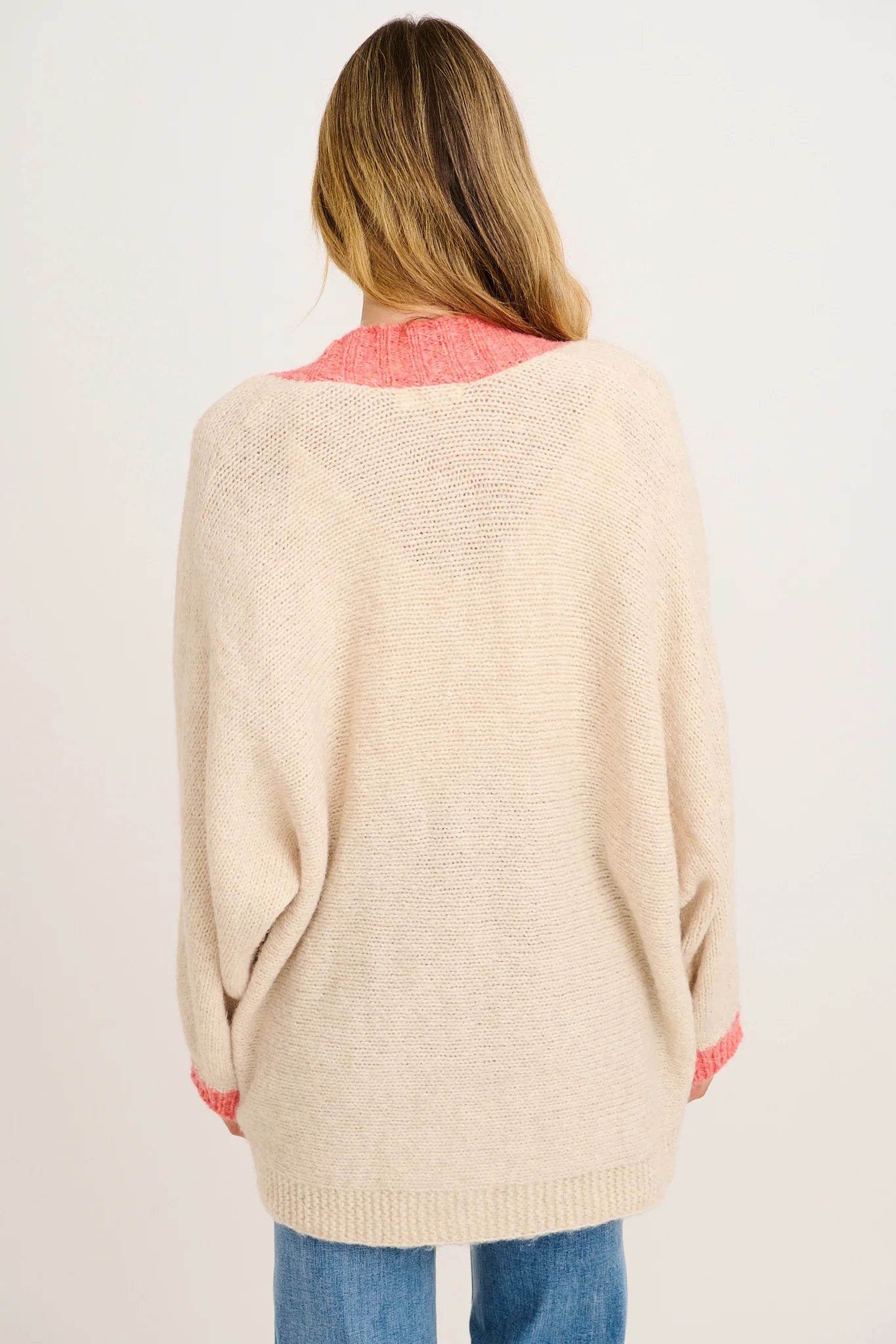 Soft as a Dream Knit Cardigan in Oatmeal And Pink Wool Blend - Image 3