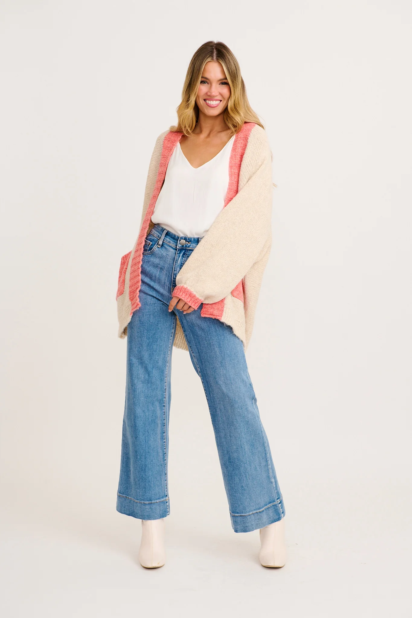 Soft as a Dream Knit Cardigan in Oatmeal And Pink Wool Blend - Image 4