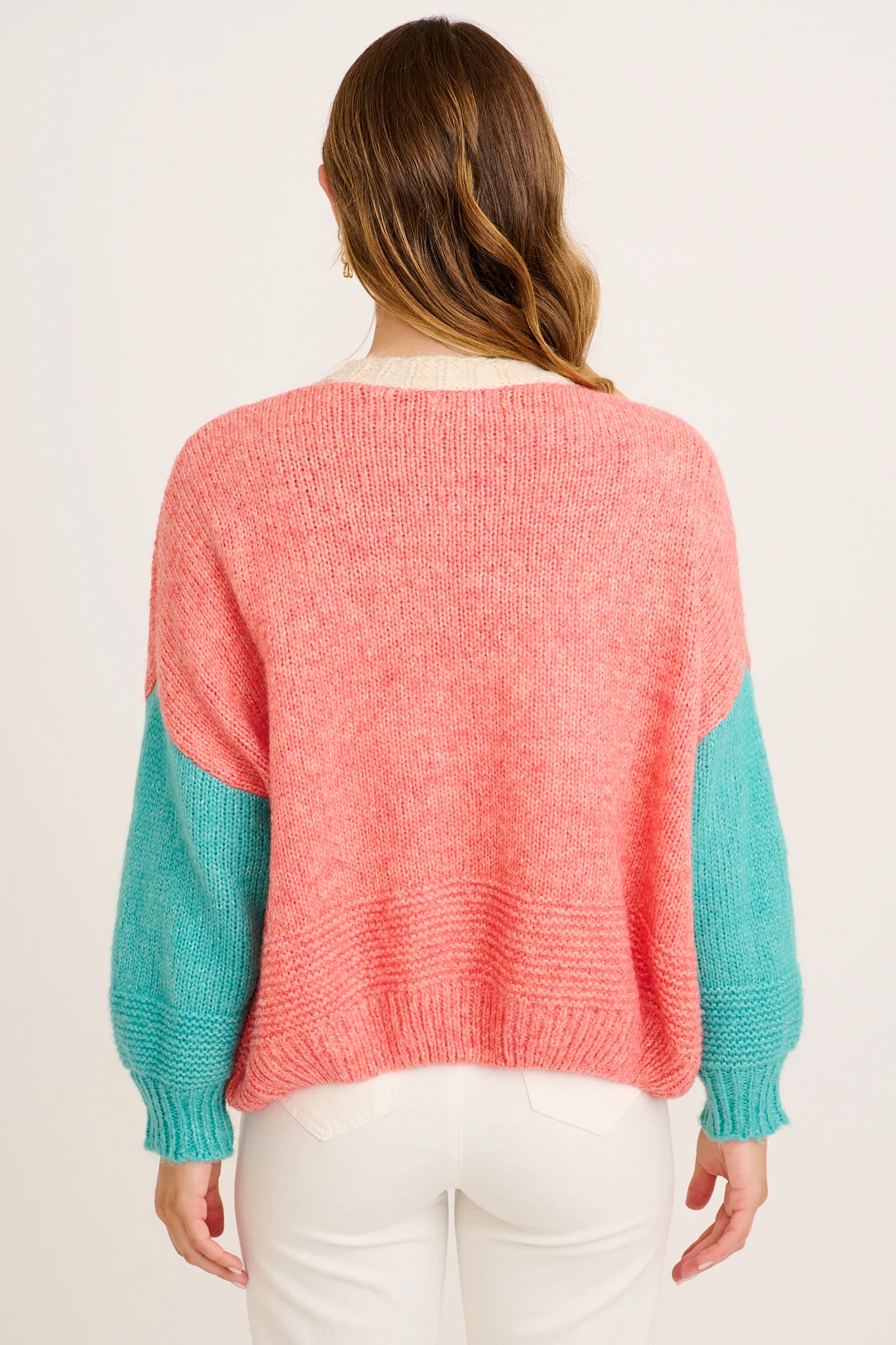 Soft Sprinkle Knit Cardigan in Pink with Blue Colourblock Wool Blend - Image 4