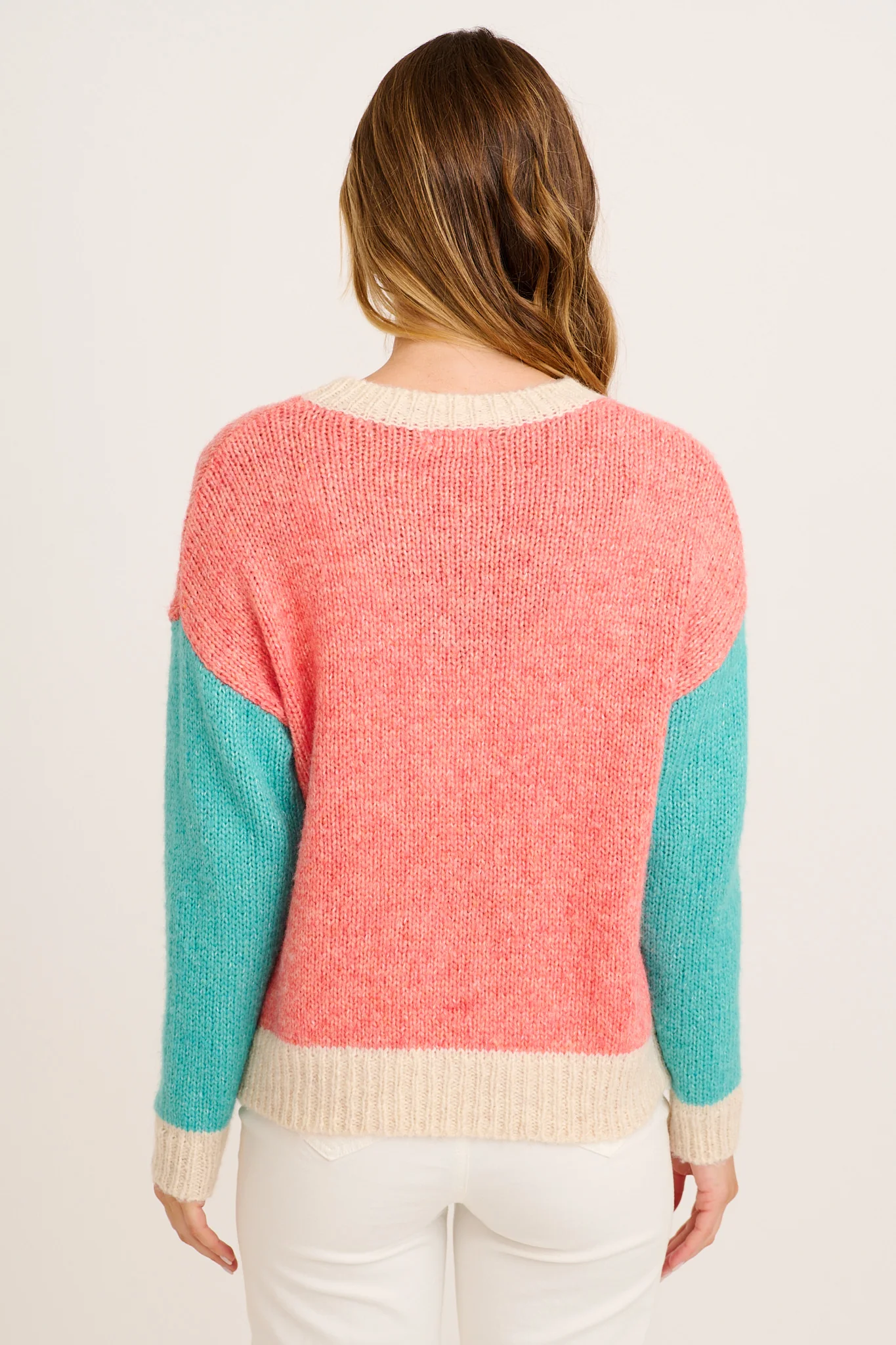 Winter Blush Knit in Pink with Blue Colourblock Wool Blend - Image 3