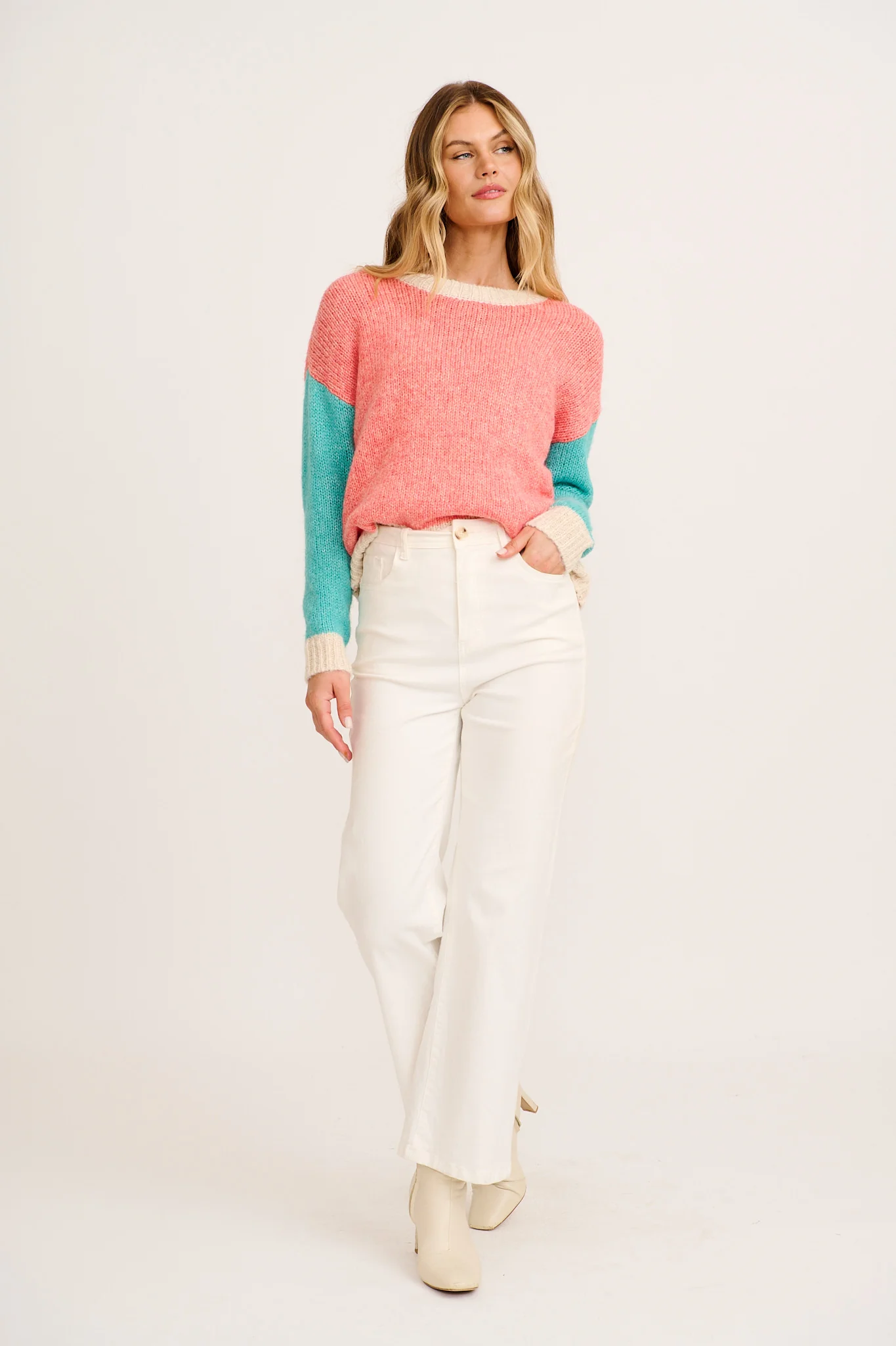 Winter Blush Knit in Pink with Blue Colourblock Wool Blend - Image 4